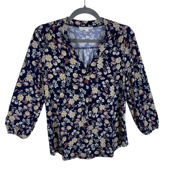 Turo By Vince Camuto Navy Blue Floral Print Lightweight 3/4 Sleeve Blouse Size S - Picture 1 of 6